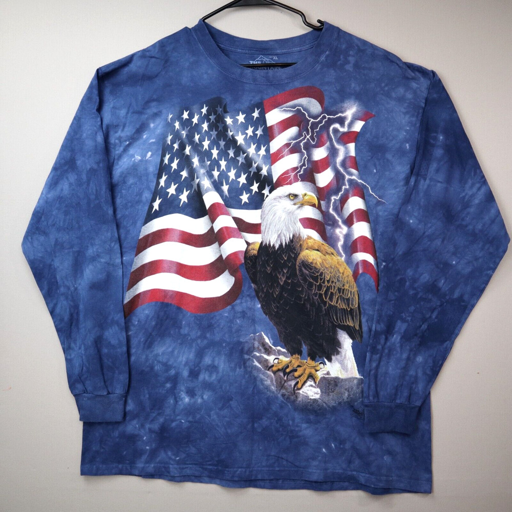 Vintage The Mountain Mens Size XL American Flag Bald Eagle Blue Tie Dye T-Shirt